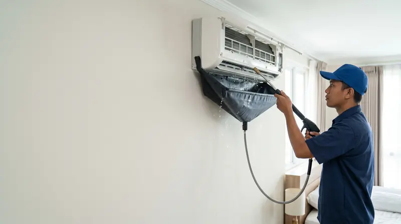 Teknisi mencuci AC split indoor